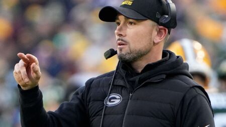 Jan 1, 2023; Green Bay, Wisconsin, USA; Green Bay Packers head coach Matt LaFleur is shown during the first quarter of their game at Lambeau Field. Mandatory Credit: Mark Hoffman-Imagn Images