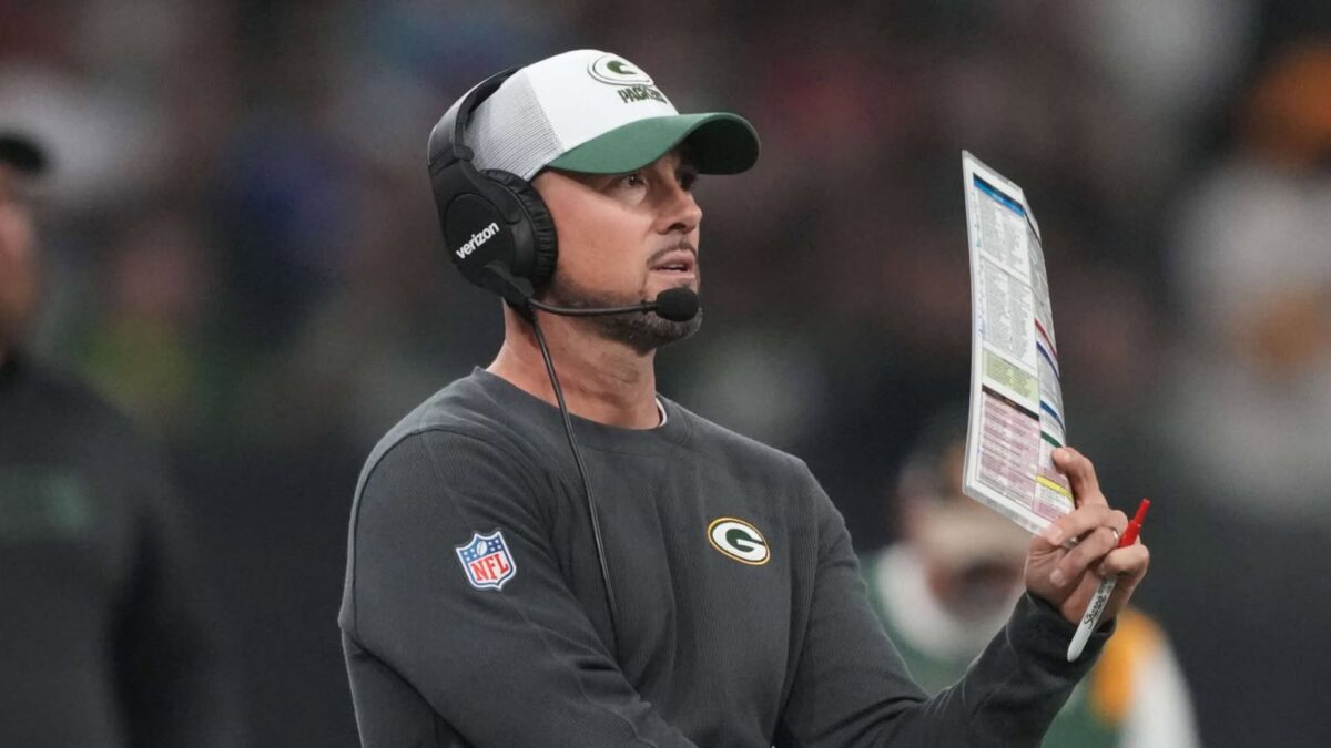 Sep 6, 2024; Sao Paulo, BRA; Green Bay Packers head coach Matt LaFleur during the second half against the Philadelphia Eagles at Neo Quimica Arena. Mandatory Credit: Kirby Lee-Imagn Images