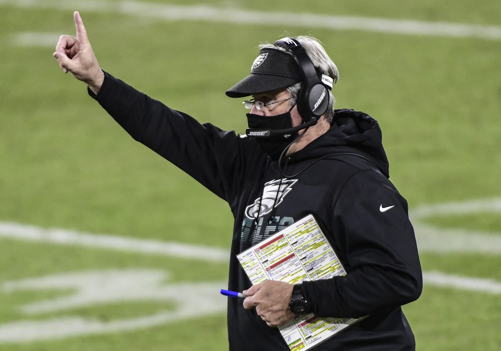 Dec 6, 2020; Green Bay, Wisconsin, USA; Philadelphia Eagles head coach Doug Pederson gestures in the fourth quarter against the Green Bay Packers at Lambeau Field. Mandatory Credit: Benny Sieu-Imagn Images