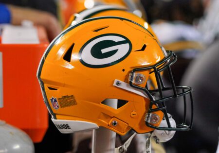 Nov 7, 2021; Kansas City, Missouri, USA; A general view of a Green Bay Packers helmet against the Kansas City Chiefs during the second half at GEHA Field at Arrowhead Stadium. Mandatory Credit: Denny Medley-Imagn Images