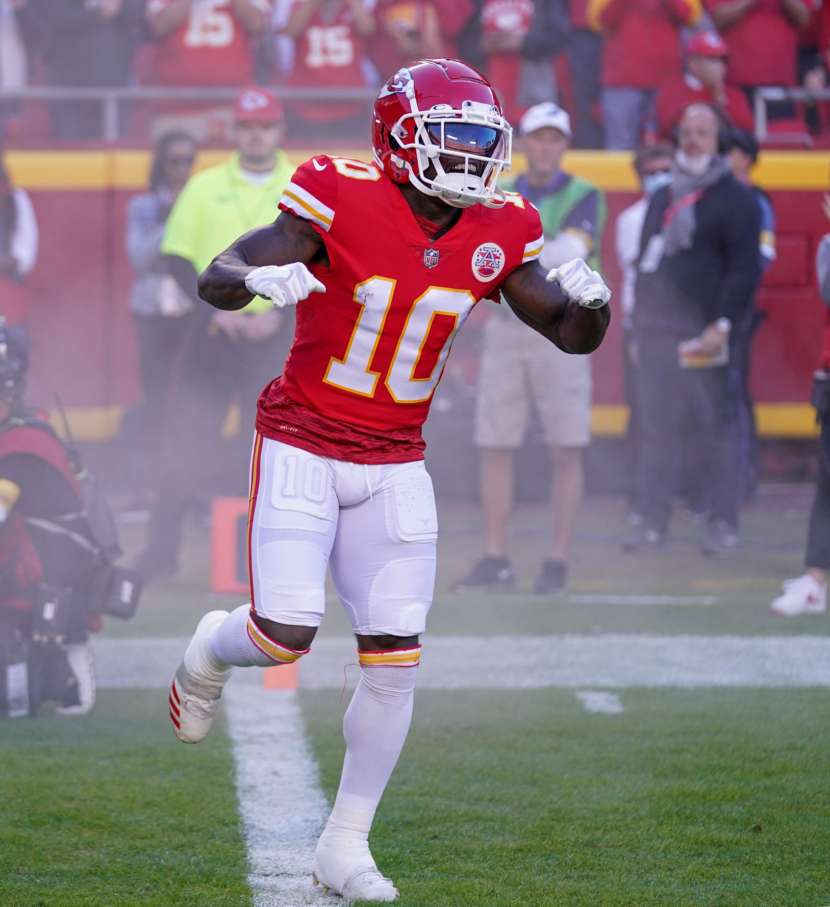 Nov 7, 2021; Kansas City, Missouri, USA; Kansas City Chiefs wide receiver Tyreek Hill (10) is introduced against the Green Bay Packers before the game at GEHA Field at Arrowhead Stadium. Mandatory Credit: Denny Medley-Imagn Images