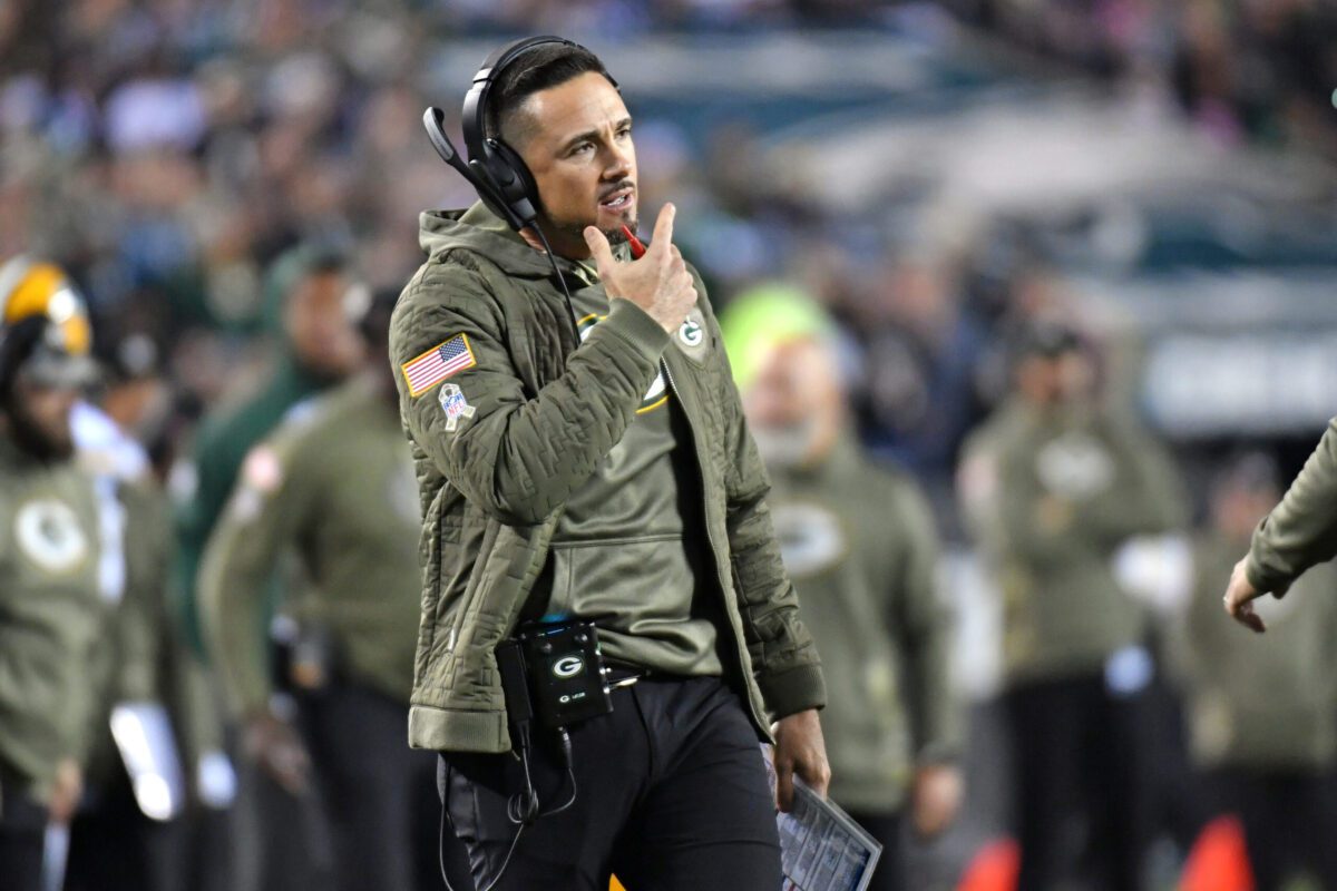 Nov 27, 2022; Philadelphia, Pennsylvania, USA; Green Bay Packers head coach Matt LaFleur on the sidelines against the Philadelphia Eagles during the fourth quarter at Lincoln Financial Field. Mandatory Credit: Eric Hartline-USA TODAY Sports