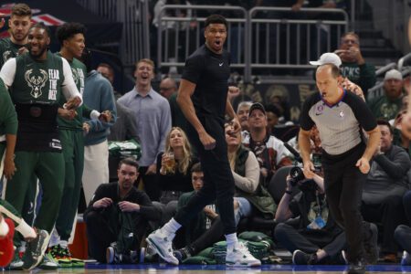 Apr 19, 2023; Milwaukee, Wisconsin, USA; Milwaukee Bucks forward Giannis Antetokounmpo cheers from the baseline during the first quarter against the Miami Heat during game two of the 2023 NBA Playoffs at Fiserv Forum. Mandatory Credit: Jeff Hanisch-Imagn Images