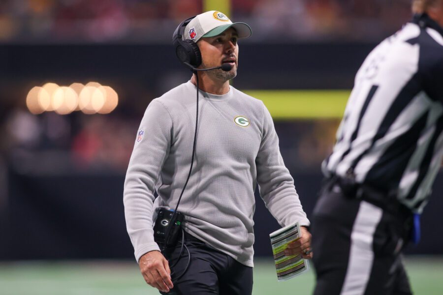 Sep 17, 2023; Atlanta, Georgia, USA; Green Bay Packers head coach Matt LaFleur on the sidelines against the Atlanta Falcons in the second half at Mercedes-Benz Stadium. Mandatory Credit: Brett Davis-Imagn Images