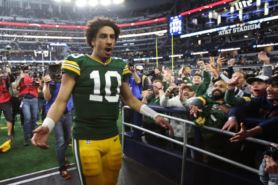 Jan 14, 2024; Arlington, Texas, USA; Green Bay Packers quarterback Jordan Love (10) reacts after defeating the Dallas Cowboys in the 2024 NFC wild card game at AT&T Stadium. Mandatory Credit: Tim Heitman-USA TODAY Sports