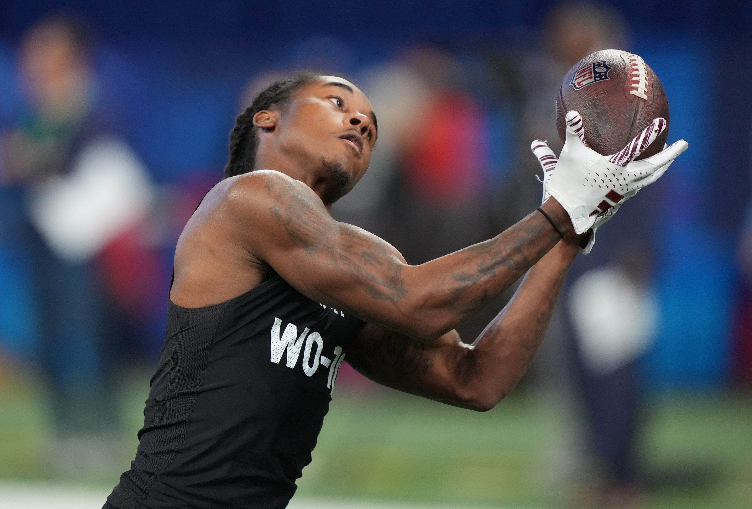 Mar 2, 2024; Indianapolis, IN, USA; Mississippi State wide receiver Tulu Griffin (WO10) during the 2024 NFL Combine at Lucas Oil Stadium. Mandatory Credit: Kirby Lee-Imagn Images