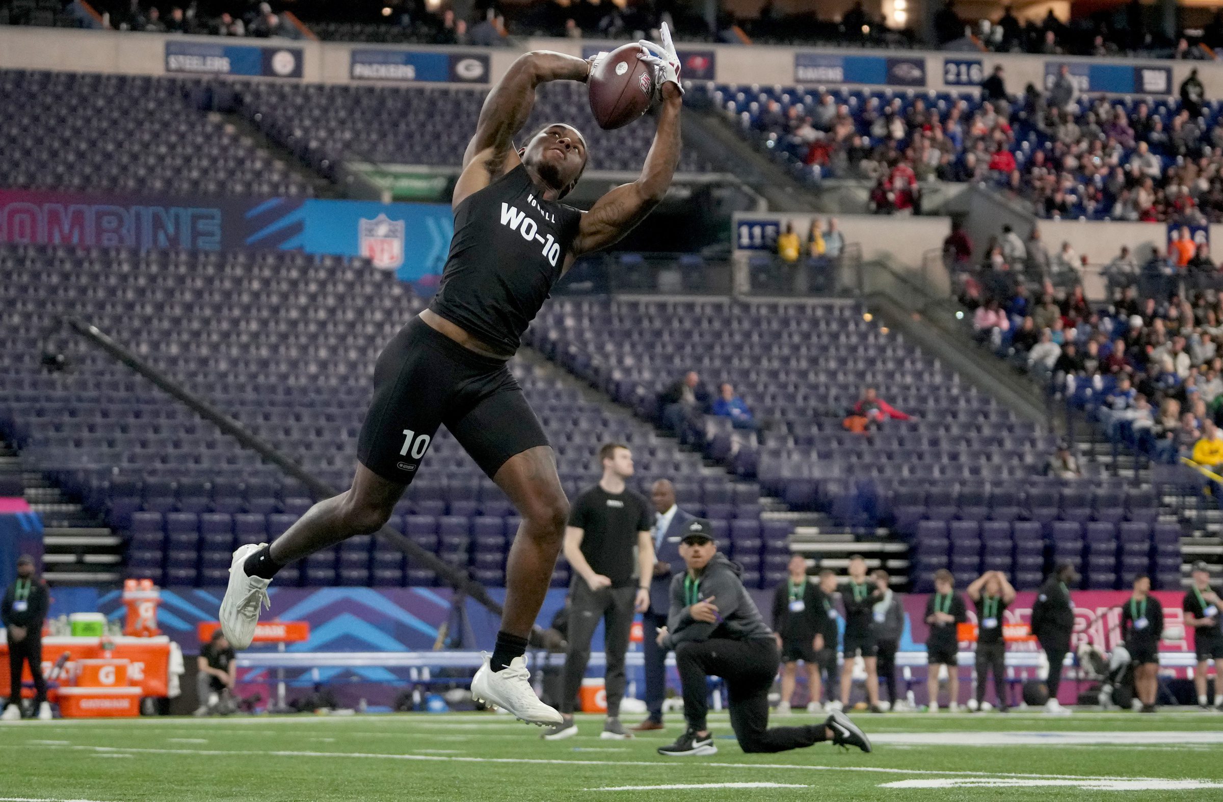 Mar 2, 2024; Indianapolis, IN, USA; Mississippi State wide receiver Tulu Griffin (WO10) during the 2024 NFL Combine at Lucas Oil Stadium. Mandatory Credit: Kirby Lee-Imagn Images Packers