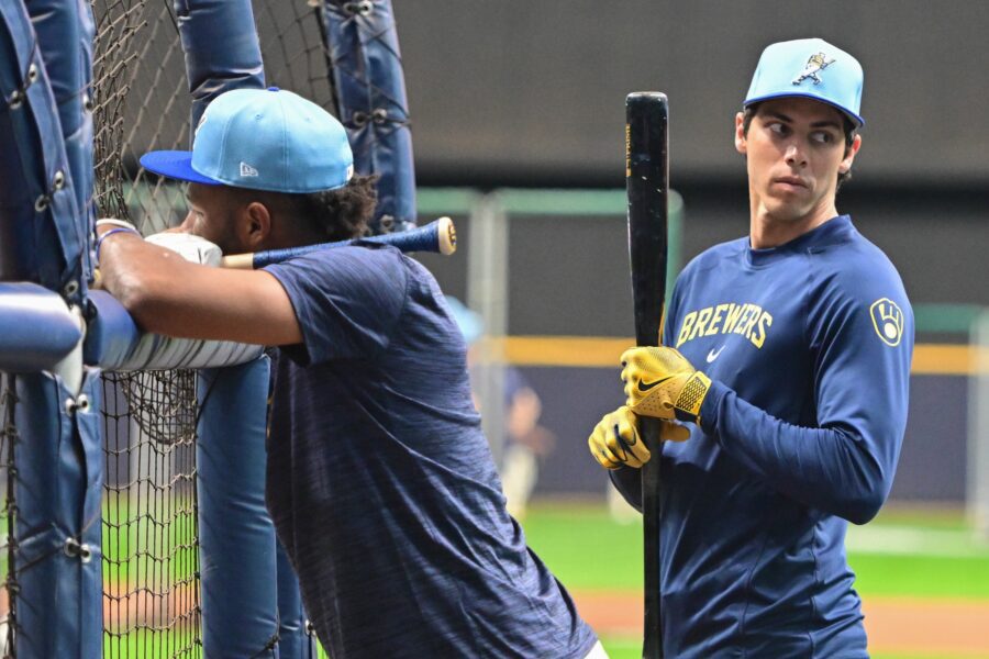 Milwaukee Brewers left fielder Christian Yelich (22) and center fielder Jackson Chourio (11)