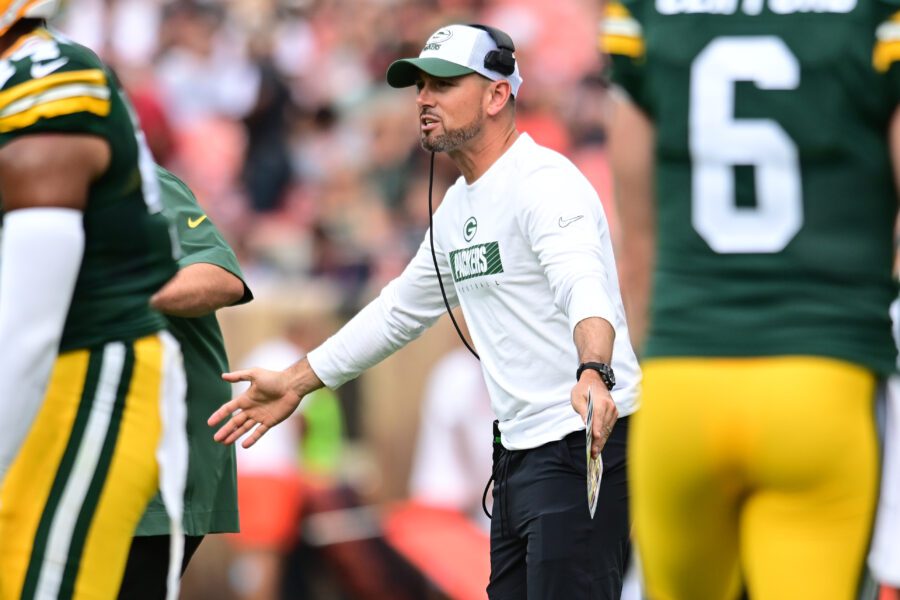 Aug 10, 2024; Cleveland, Ohio, USA; Green Bay Packers head coach Matt LaFleur celebrates with his team during the second quarter against the Cleveland Browns at Cleveland Browns Stadium. Mandatory Credit: Ken Blaze-Imagn Images