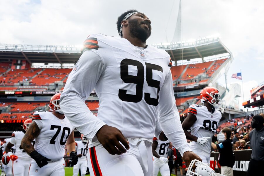 Aug 10, 2024; Cleveland, Ohio, USA; Cleveland Browns defensive end Myles Garrett (95) before the game against the Green Bay Packers at Cleveland Browns Stadium. Mandatory Credit: Ken Blaze-Imagn Images