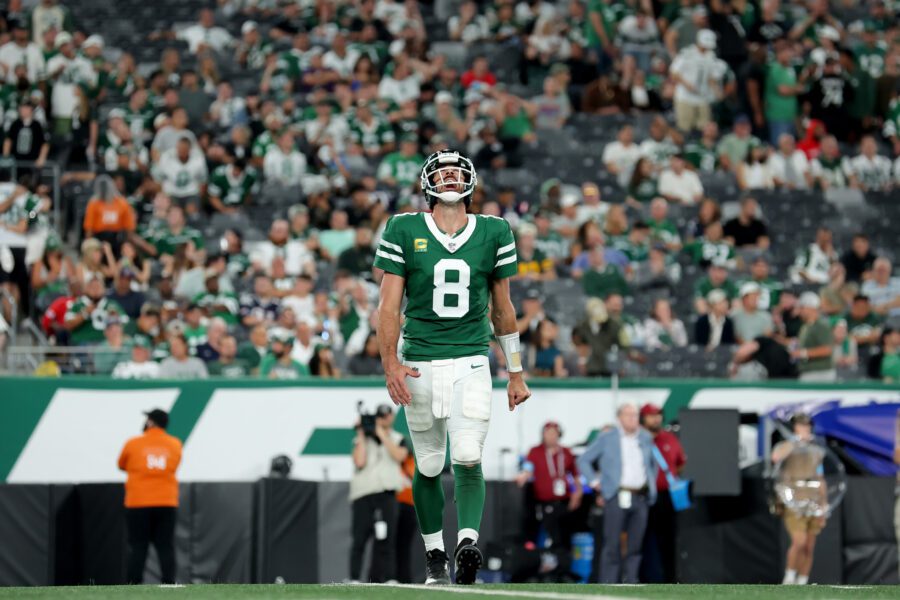 Sep 19, 2024; East Rutherford, New Jersey, USA; New York Jets quarterback Aaron Rodgers (8) reacts after an incomplete pass during the fourth quarter against the New England Patriots at MetLife Stadium. Mandatory Credit: Brad Penner-Imagn Images