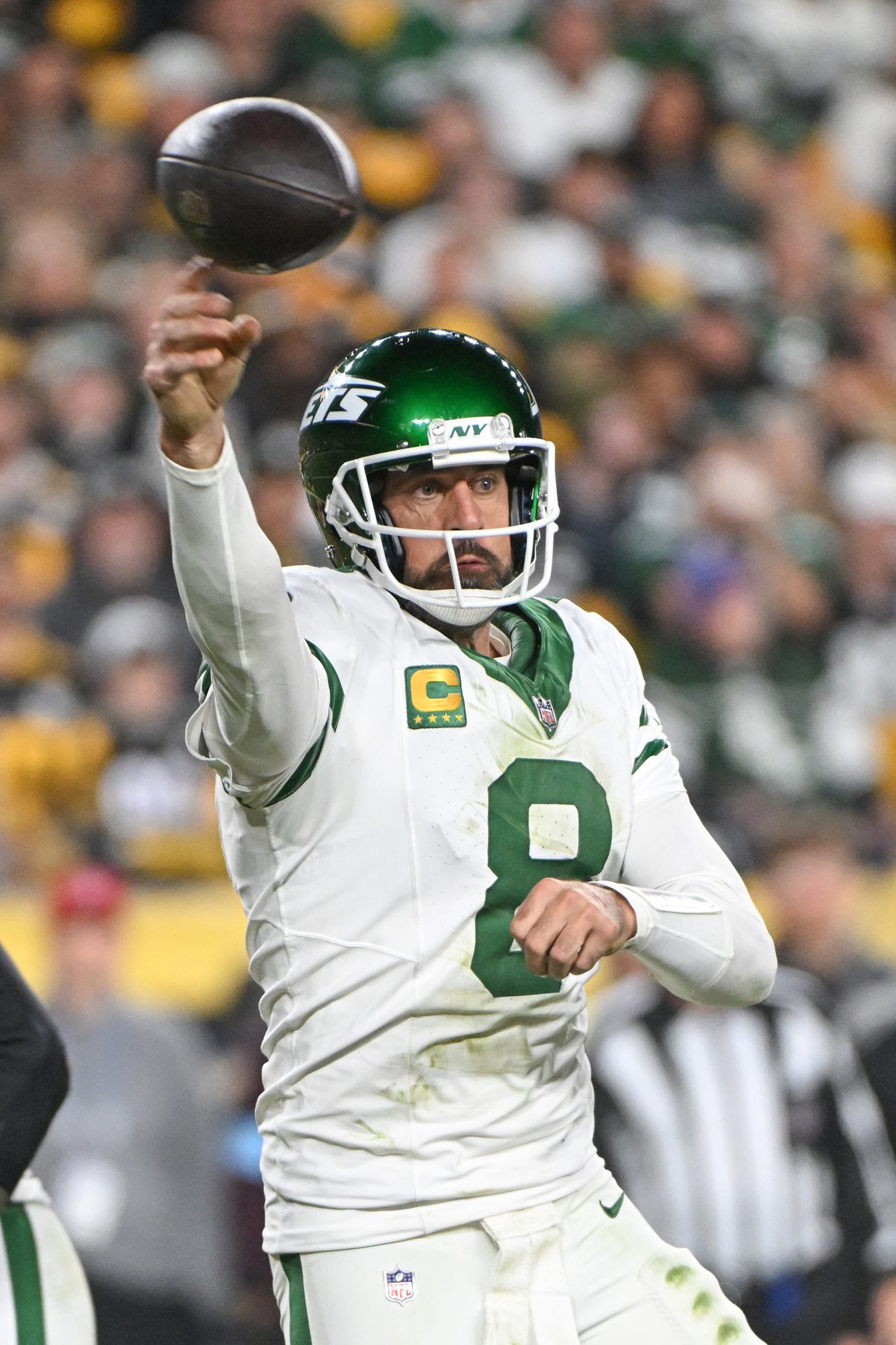 Oct 20, 2024; Pittsburgh, Pennsylvania, USA; New York Jets quarterback Aaron Rodgers (8) against the Pittsburgh Steelers during the second half at Acrisure Stadium. Mandatory Credit: Barry Reeger-Imagn Images (Packers)