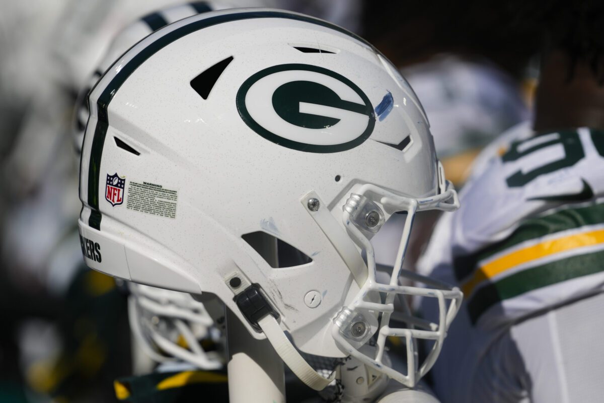 Oct 20, 2024; Green Bay, Wisconsin, USA; General view of Green Bay Packers helmets during the game against the Houston Texans at Lambeau Field. Mandatory Credit: Jeff Hanisch-Imagn Images