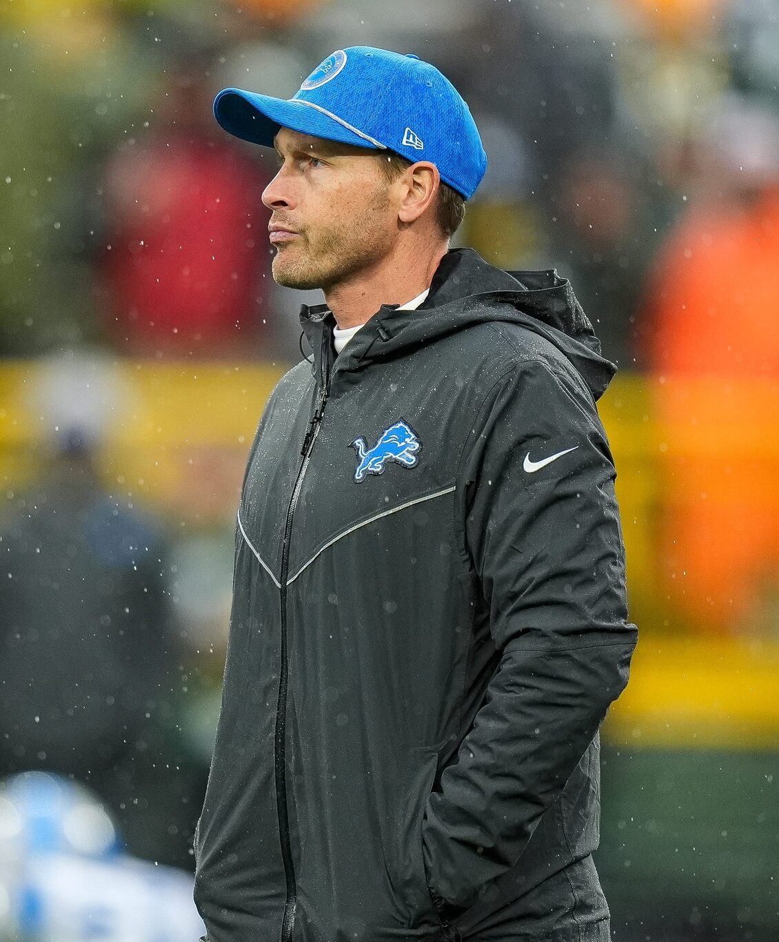 Detroit Lions offensive coordinator Ben Johnson watches warm up before the Green Bay Packers game at Lambeau Field in Green Bay, Wis. on Sunday, Nov. 3, 2024. © Junfu Han / USA TODAY NETWORK via Imagn Images