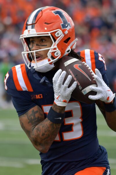 Nov 16, 2024; Champaign, Illinois, USA; Illinois Fighting Illini wide receiver Pat Bryant (13) during the first half against the Michigan State Spartans at Memorial Stadium. Mandatory Credit: Ron Johnson-Imagn Images