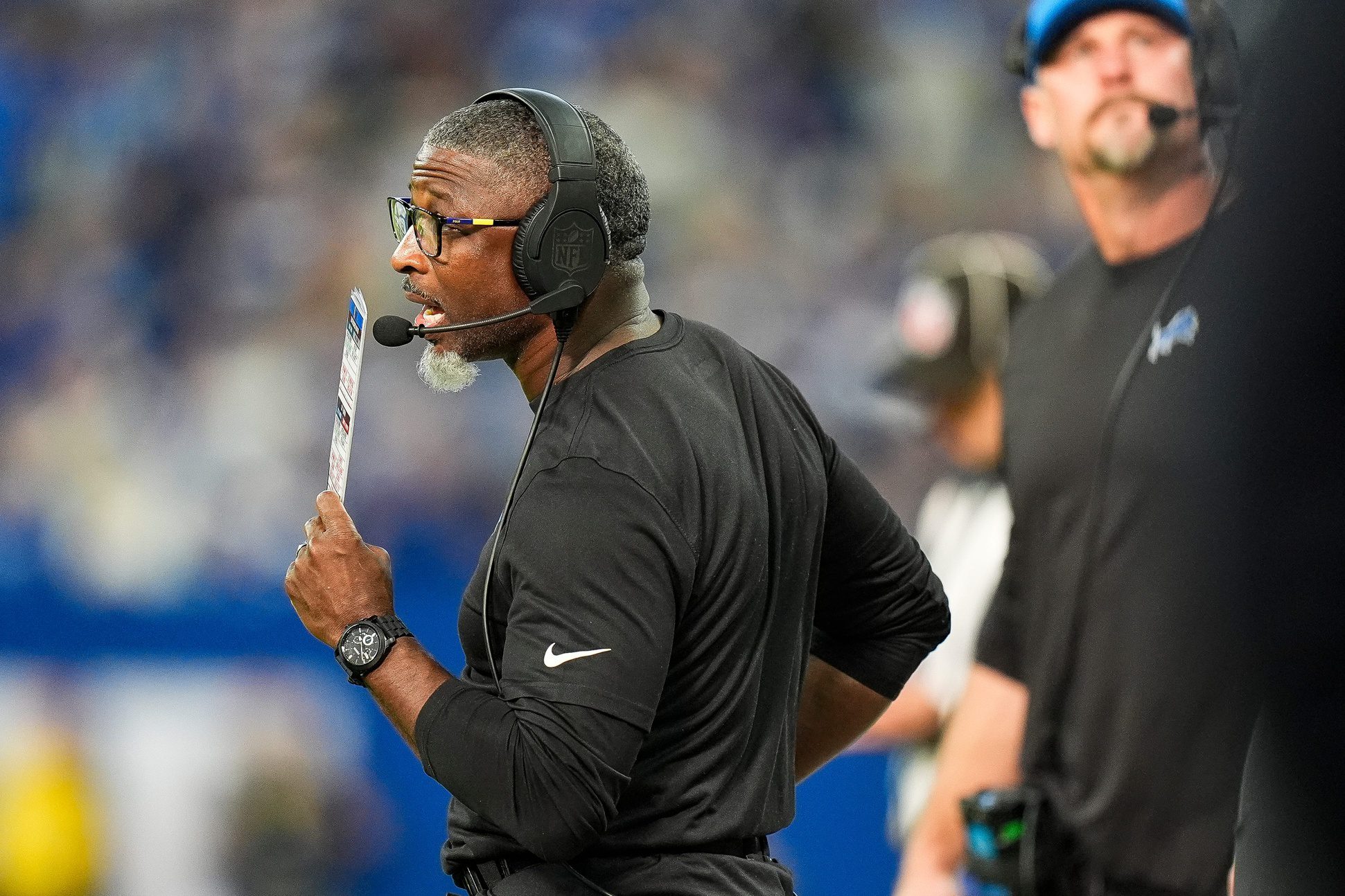 Detroit Lions defensive coordinator Aaron Glenn watches a play against Indianapolis Colts during the second half at Lucas Oil Stadium in Indianapolis, Ind. on Sunday, Nov. 24, 2024. © Junfu Han / USA TODAY NETWORK via Imagn Images Packers