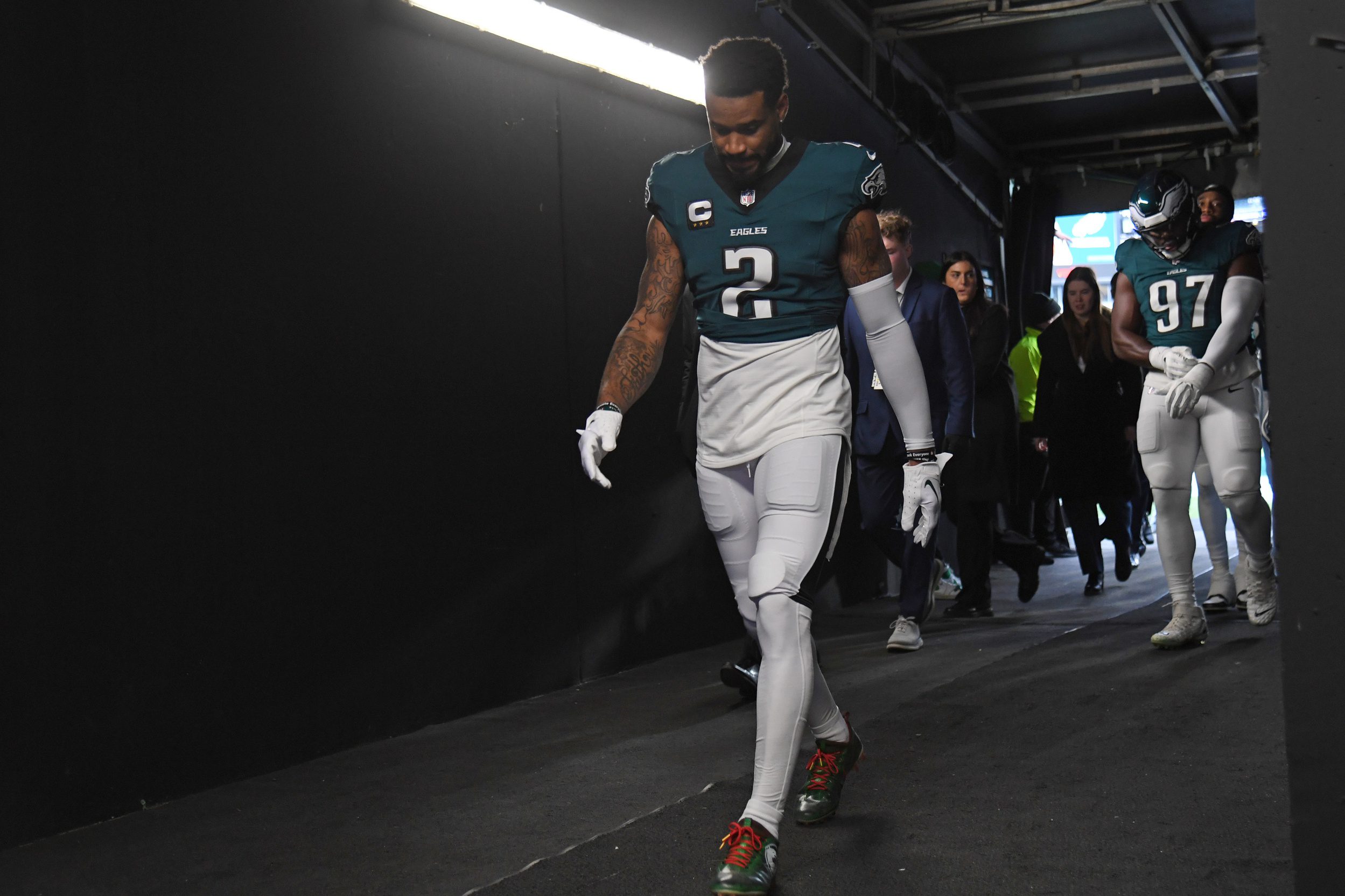 Darius Slay, Philadelphia Eagles Packers Dec 15, 2024; Philadelphia, Pennsylvania, USA; Philadelphia Eagles cornerback Darius Slay Jr. (2) in the tunnel against the Pittsburgh Steelers at Lincoln Financial Field. Mandatory Credit: Eric Hartline-Imagn Images