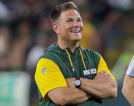 Green Bay Packers general manager Brian Gutekunst watches practice