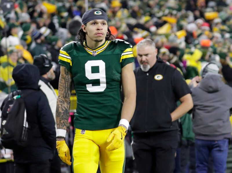 Green Bay Packers wide receiver Christian Watson (9)Green Bay Packers wide receiver Christian Watson (9) leaves the field in the fourth quarter after getting injured against the New Orleans Saints during their football game Monday, December 23, 2024, at Lambeau Field in Green Bay, Wisconsin.