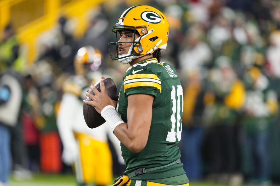 Dec 23, 2024; Green Bay, Wisconsin, USA; Green Bay Packers quarterback Jordan Love (10) during warmups prior to the game against the New Orleans Saints at Lambeau Field. Mandatory Credit: Jeff Hanisch-Imagn Images