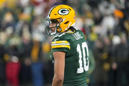 Dec 23, 2024; Green Bay, Wisconsin, USA; Green Bay Packers quarterback Jordan Love (10) during warmups prior to the game against the New Orleans Saints at Lambeau Field. Mandatory Credit: Jeff Hanisch-Imagn Images