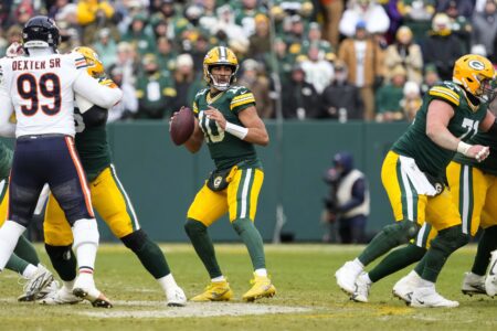 Jan 5, 2025; Green Bay, Wisconsin, USA; Green Bay Packers quarterback Jordan Love (10) drops back to pass during the first quarter against the Chicago Bears at Lambeau Field. Mandatory Credit: Jeff Hanisch-Imagn Images