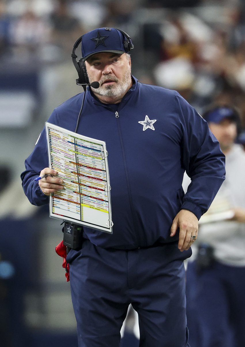 Jan 5, 2025; Arlington, Texas, USA; Dallas Cowboys head coach Mike McCarthy looks on during the first half against the Washington Commanders at AT&T Stadium. Mandatory Credit: Kevin Jairaj-Imagn Images