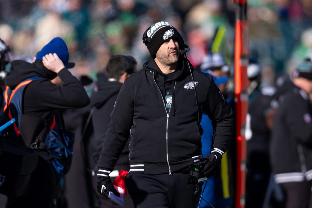 Jan 5, 2025; Philadelphia, Pennsylvania, USA; Philadelphia Eagles head coach Nick Sirianni looks on during the first quarter against the New York Giants at Lincoln Financial Field. Mandatory Credit: Bill Streicher-Imagn Images