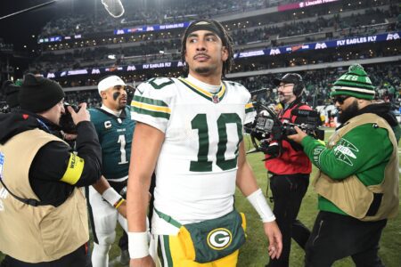 Jan 12, 2025; Philadelphia, Pennsylvania, USA; Green Bay Packers quarterback Jordan Love (10) reacts after the game against the Philadelphia Eagles in an NFC wild card game at Lincoln Financial Field. Mandatory Credit: Eric Hartline-Imagn Images