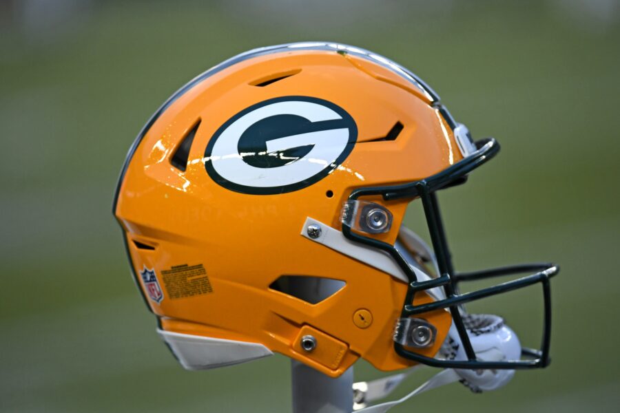 Jan 12, 2025; Philadelphia, Pennsylvania, USA; Green Bay Packers helmet on the sidelines against the Philadelphia Eagles in an NFC wild card game at Lincoln Financial Field. Mandatory Credit: Eric Hartline-Imagn Images