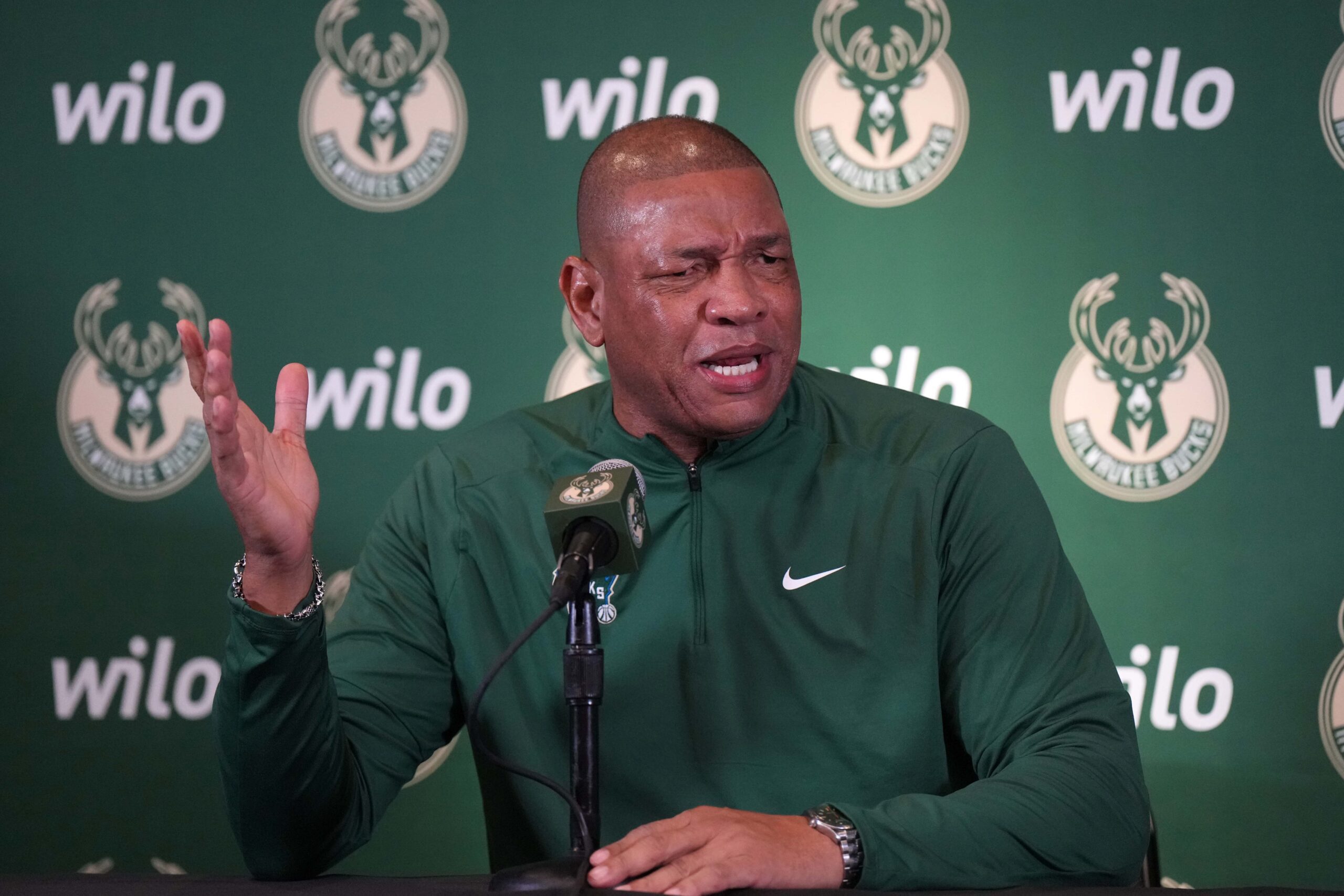 Jan 25, 2025; Inglewood, California, USA; Milwaukee Bucks coach Doc Rivers at a press conference at the Intuit Dome. Mandatory Credit: Kirby Lee-Imagn Images