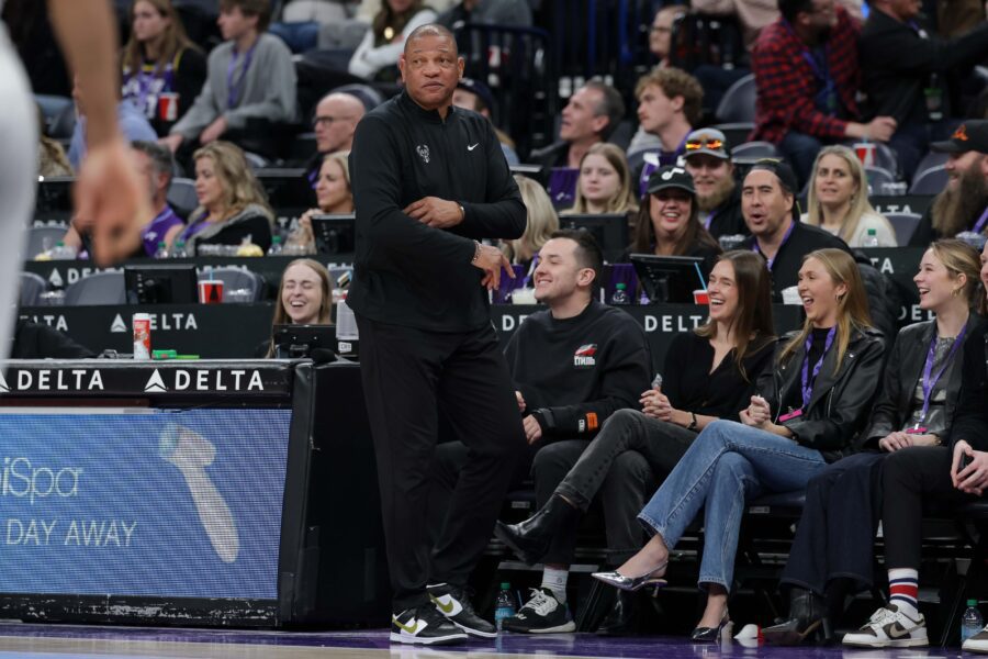 Jan 27, 2025; Salt Lake City, Utah, USA; Milwaukee Bucks head coach Doc Rivers walks the sideline during the second half against the Utah Jazz at Delta Center. Mandatory Credit: Chris Nicoll-Imagn Images