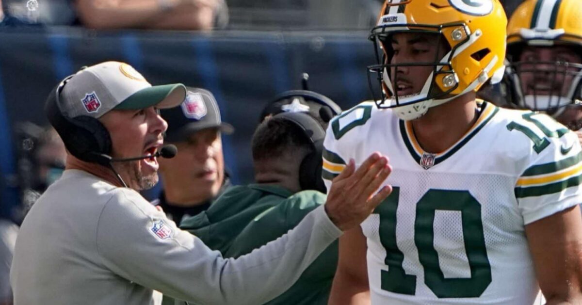 Sep 10, 2023; Chicago, Illinois, USA; Green Bay Packers quarterback Jordan Love (10) is greeted by head coach Matt LaFleur after throwing a touchdown pass during the first quarter of their regular season opening game at Soldier Field. Mandatory Credit: Mark Hoffman-Imagn Images