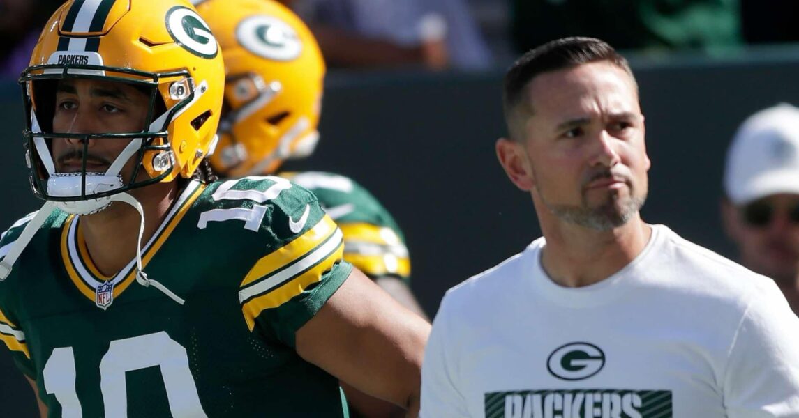 Sep 29, 2024; Green Bay, Wisconsin, USA; Green Bay Packers quarterback Jordan Love (10) and head coach Matt LaFleur walk onto the field before the game against the Minnesota Vikings at Lambeau Field. Mandatory Credit: William Glasheen/USA TODAY Network via Imagn Images