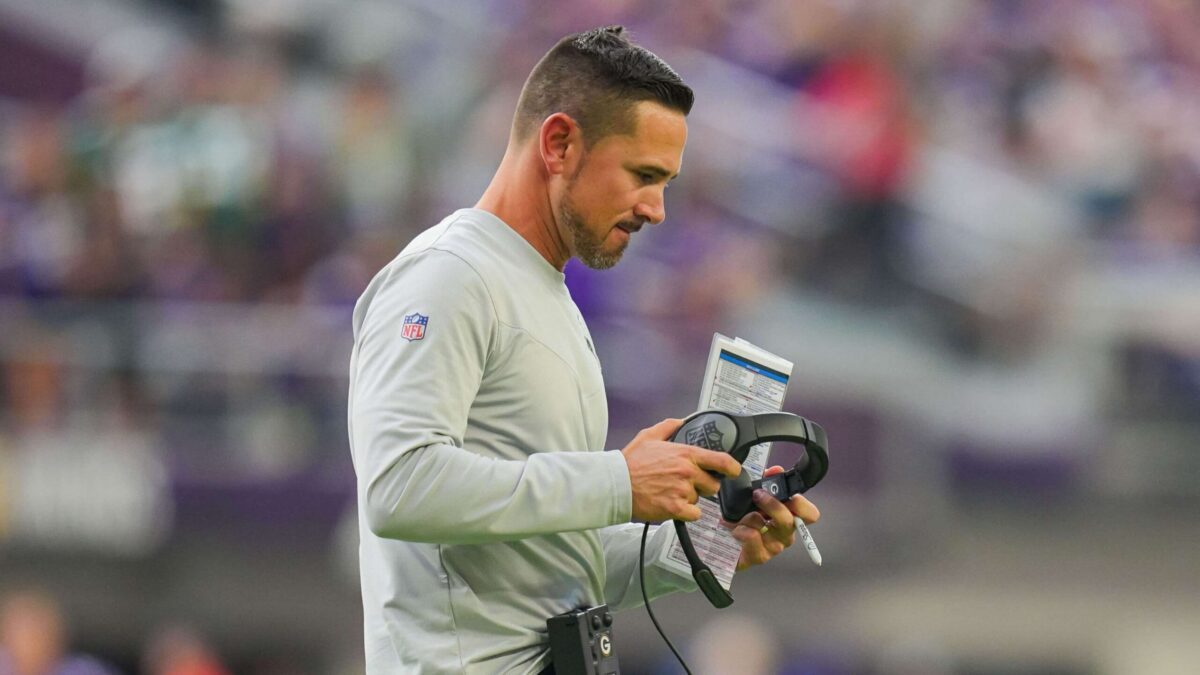 Sep 11, 2022; Minneapolis, Minnesota, USA; Green Bay Packers head coach Matt LaFleur walks back to the sideline against the Minnesota Vikings in the fourth quarter at U.S. Bank Stadium. Mandatory Credit: Brad Rempel-Imagn Images