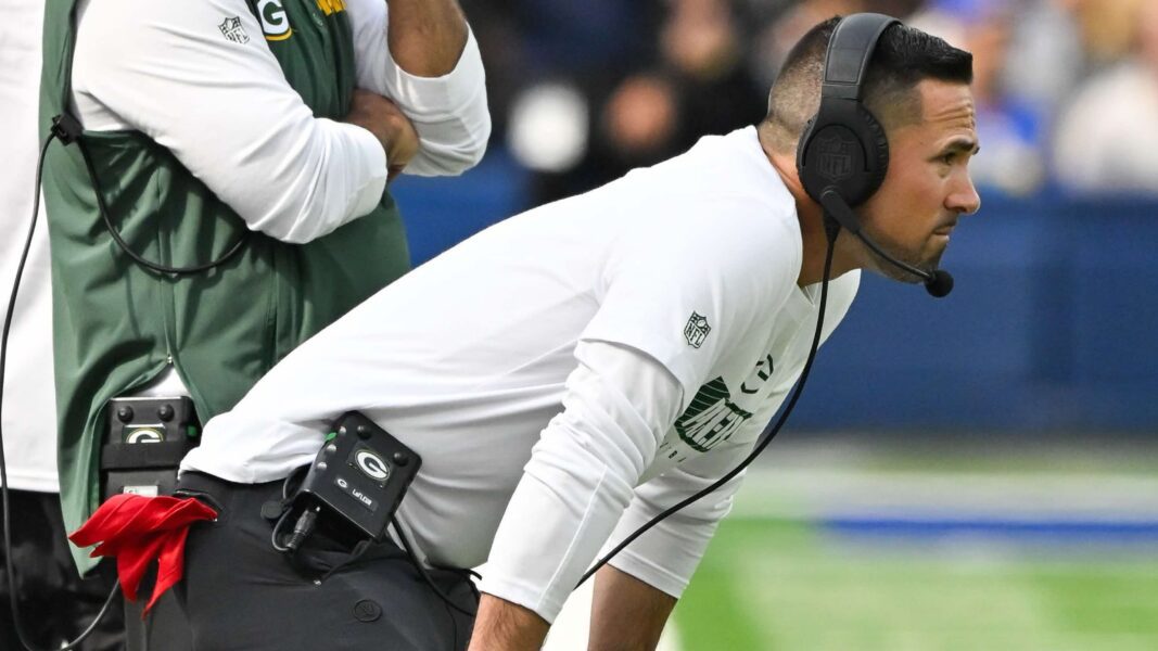 Oct 6, 2024; Inglewood, California, USA; Green Bay Packers head coach Matt LaFleur on the sidelines during the second half against the Los Angeles Rams at SoFi Stadium. Mandatory Credit: Robert Hanashiro-Imagn Images