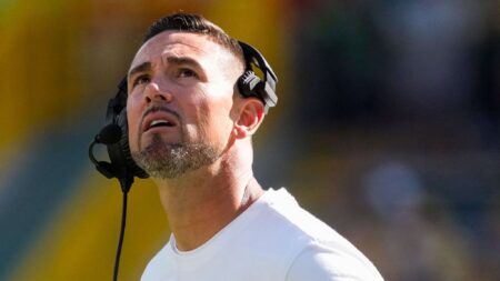 Sep 29, 2024; Green Bay, Wisconsin, USA; Green Bay Packers head coach Matt LaFleur looks on during the fourth quarter against the Minnesota Vikings at Lambeau Field. Mandatory Credit: Jeff Hanisch-Imagn Images