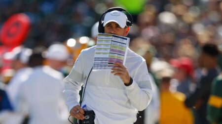 Oct 20, 2019; Green Bay, WI, USA; Green Bay Packers head coach Matt LaFleur during the game against the Oakland Raiders at Lambeau Field. Mandatory Credit: Jeff Hanisch-Imagn Images