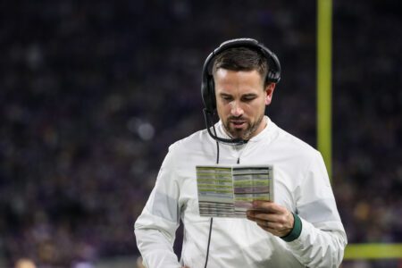 Dec 23, 2019; Minneapolis, Minnesota, USA; Green Bay Packers head coach Matt LaFleur during the fourth quarter against the Minnesota Vikings at U.S. Bank Stadium. Mandatory Credit: Brace Hemmelgarn-USA TODAY Sports