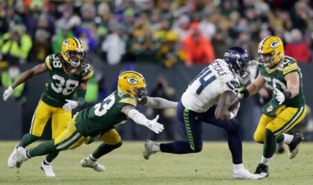 Green Bay Packers cornerback Jaire Alexander (23) and inside linebacker Blake Martinez (50) chase Seattle Seahawks wide receiver D.K. Metcalf (14) during their NFC divisional round playoff football game on Sunday, January 12, 2020, at Lambeau Field in Green Bay, Wis. Green Bay defeated Seattle 28-23.