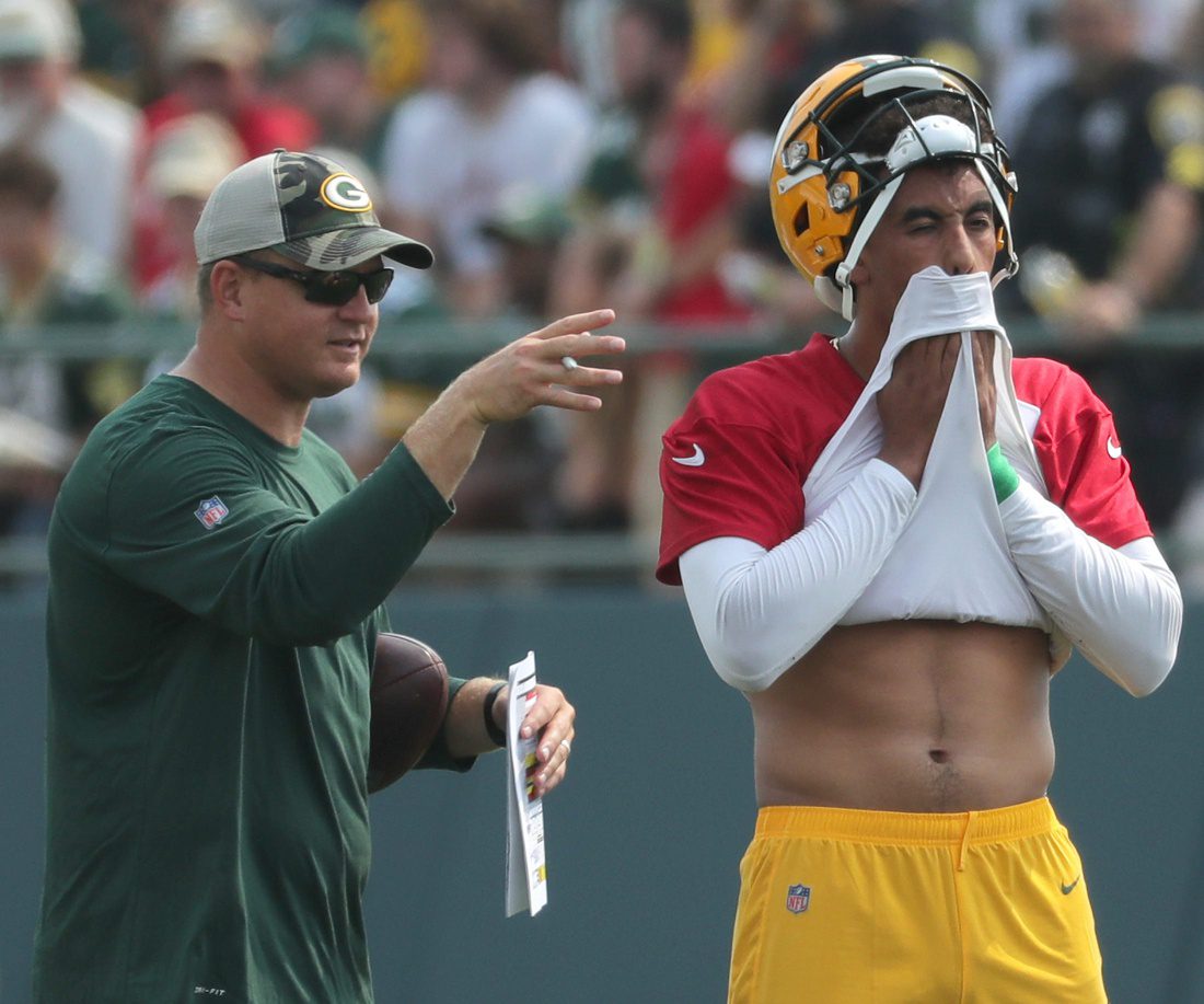 Green Bay Packers quarterback Jordan Love (10) is shown with quarterbacks coach Luke Getsy during the first day of training camp Wednesday, July 28, 2021 in Green Bay, Wis. © Mark Hoffman / Milwaukee Journal Sentinel via Imagn Content Services, LLC