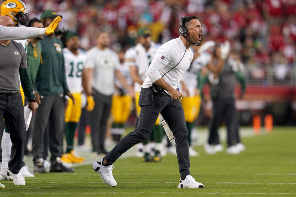 Sep 26, 2021; Santa Clara, California, USA; Green Bay Packers head coach Matt LaFleur reacts after a play against the San Francisco 49ers in the second quarter at Levi's Stadium. Mandatory Credit: Cary Edmondson-Imagn Images