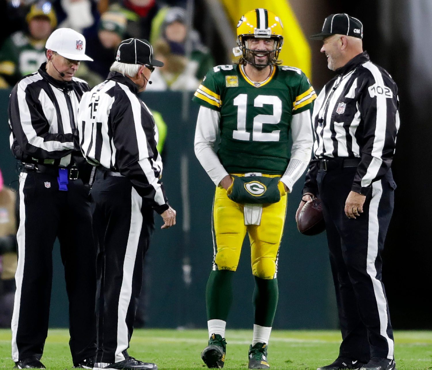 Green Bay Packers quarterback Aaron Rodgers (12) talks with referees during a break in the action against the Seattle Seahawks during their football game on Sunday November 14, 2021, at Lambeau Field in Green Bay, Wis. Wm. Glasheen USA TODAY NETWORK-Wisconsin