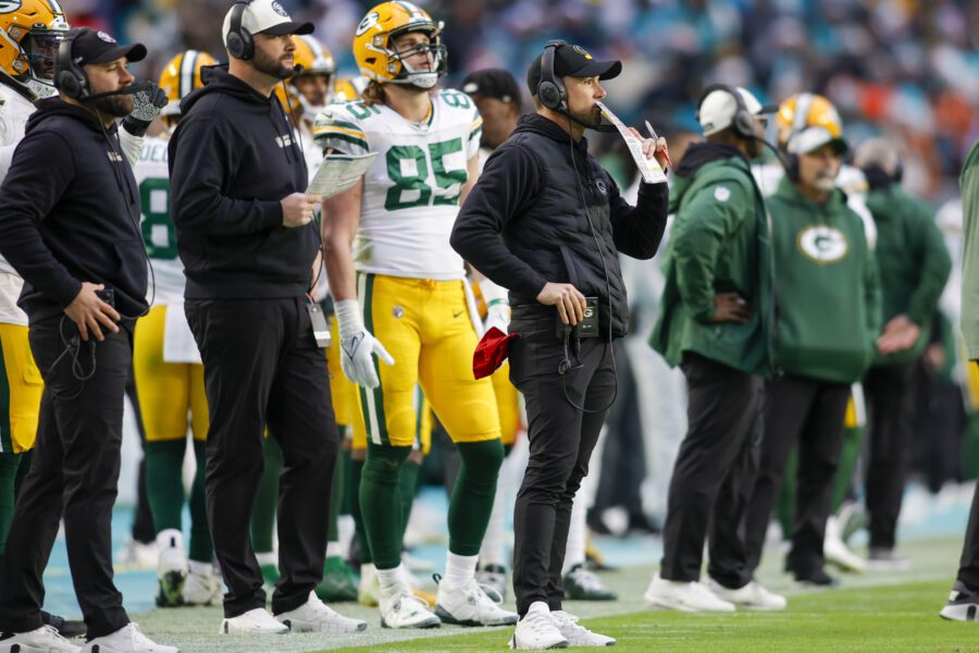 Dec 25, 2022; Miami Gardens, Florida, USA; Green Bay Packers head coach Matt LaFleur looks on from the sideline during the fourth quarter against the Miami Dolphins at Hard Rock Stadium. Mandatory Credit: Sam Navarro-Imagn Images