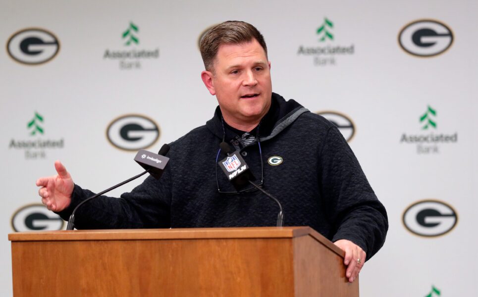 Green Bay Packers general manager Brian Gutekunst speaks to media during a pre-draft press conference on April 24, 2023, at Lambeau Field in Green Bay, Wis. © Sarah Kloepping/USA TODAY NETWORK-Wisconsin / USA TODAY NETWORK