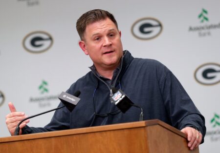 Green Bay Packers general manager Brian Gutekunst speaks to media after trading quarterback Aaron Rodgers to the New York Jets on April 25, 2023, at Lambeau Field in Green Bay, Wis. © Sarah Kloepping/USA TODAY NETWORK-Wisconsin / USA TODAY NETWORK