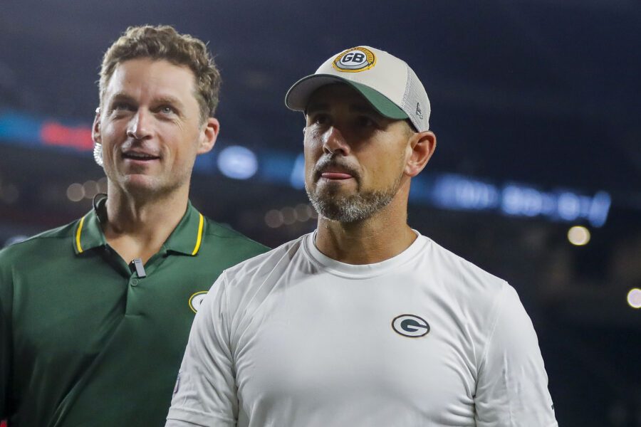 Aug 11, 2023; Cincinnati, Ohio, USA; Green Bay Packers head coach Matt LaFleur walks off the field after a victory over the Cincinnati Bengals at Paycor Stadium. Mandatory Credit: Katie Stratman-Imagn Images