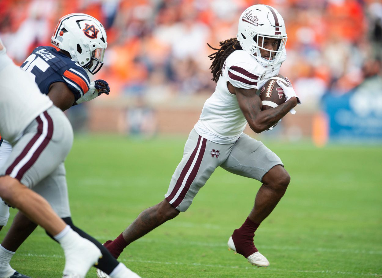 Mississippi State Bulldogs wide receiver Lideatrick Griffin (5) runs the ball as Auburn Tigers take on Mississippi State Bulldogs at Jordan-Hare Stadium in Auburn, Ala., on Saturday, Oct. 28, 2023. Auburn Tigers lead Mississippi State Bulldogs 24-3 at halftime. © Jake Crandall / USA TODAY NETWORK Packers