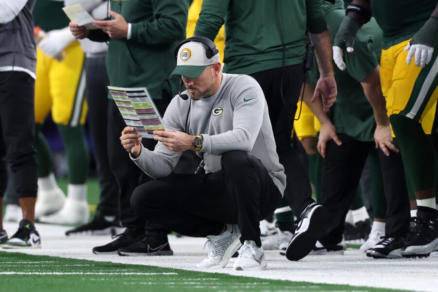 Jan 14, 2024; Arlington, Texas, USA; Green Bay head coach Matt LaFleur in the first half of the 2024 NFC wild card game against the Dallas Cowboys at AT&T Stadium. Mandatory Credit: Kevin Jairaj-USA TODAY Sports