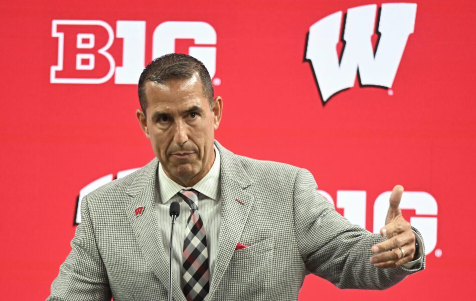 Jul 23, 2024; Indianapolis, IN, USA; Wisconsin Badgers head coach Luke Fickell speaks to the media during the Big 10 football media day at Lucas Oil Stadium. Mandatory Credit: Robert Goddin-USA TODAY Sports